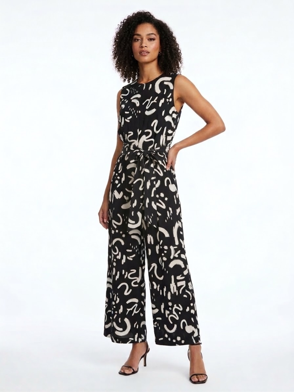 Tahari Black & Cream Abstract Sleeveless Wide-Leg Jumpsuit With Pockets And Sash